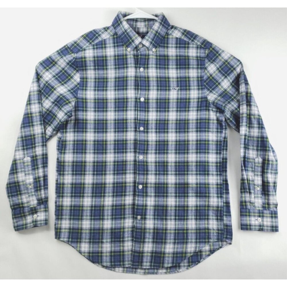 Vineyard Vines Whale Shirt Mens Medium Blue White Plaid 100% Cotton Button-Down